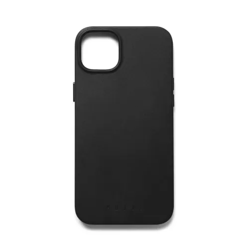 Mujjo svart läderfodral för iPhone 14 med upphöjt kamerauttag, knappskydd och präglad logotyp.