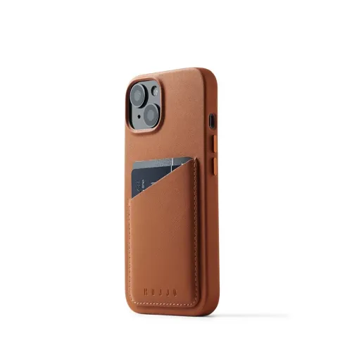Mujjo Full Leather Wallet Case för iPhone 14 i ljusbrunt, med kortfack, upphöjd kamerautskärning och sidoknappar