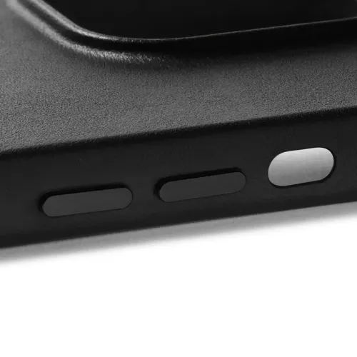 Mujjo läderfodral med MagSafe för iPhone 14 Pro Max, svart närbild med upphöjda sidoknappar