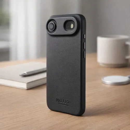 Mujjo läderfodral för iPhone 17 Air i färgen Basalt, med upphöjd kamerautskärning och sidoknappar