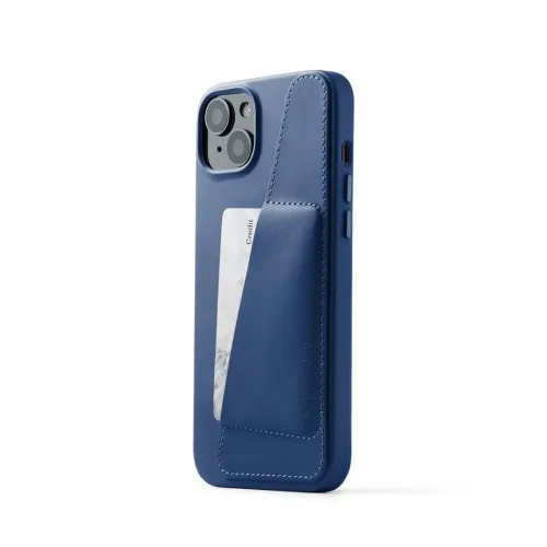 Mujjo blue leather wallet case for iPhone 15 Plus and 14 Plus, with card slot and raised camera cutout