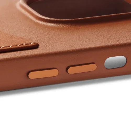 Mujjo tan leather wallet case for iPhone 14 Pro Max with side buttons and stitched detailing