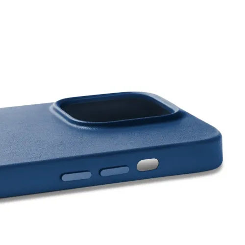 Mujjo blue leather iPhone 14 Pro case with MagSafe, raised camera edge and metal side buttons
