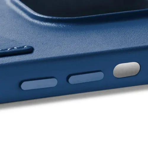 Mujjo blue leather wallet case for iPhone 14 Pro Max with side button covers and raised camera lip