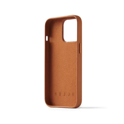 Mujjo Leather Wallet Case for iPhone 14 Pro in tan leather with raised bezels and card slot