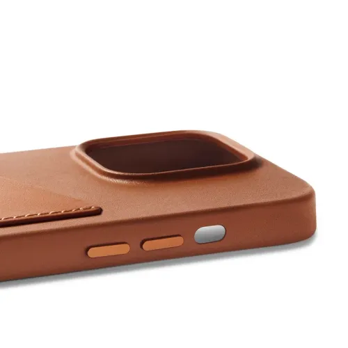 Mujjo leather wallet case for iPhone 14 Pro in tan, with raised camera opening and side buttons