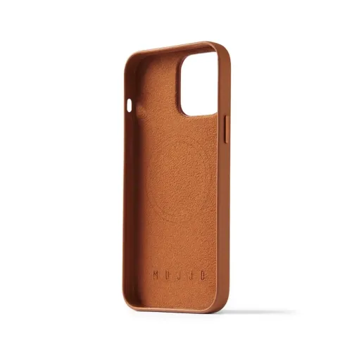 Mujjo tan leather case for iPhone 14 Pro Max, shown interior side with camera cutout and suede lining