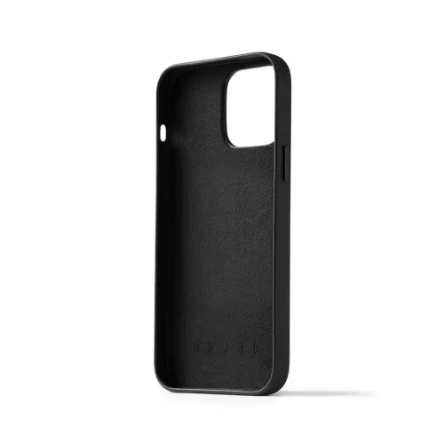 Mujjo black leather wallet case for iPhone 14 Pro Max with slim profile and raised camera cutout