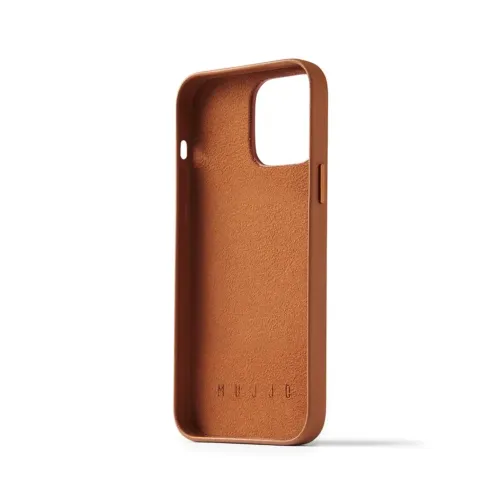 Mujjo tan leather wallet case for iPhone 14 Pro Max with card slot and raised camera lip