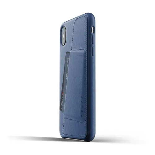 Mujjo Monaco Blue leather wallet case for iPhone XS Max with rear card pocket and one card inserted