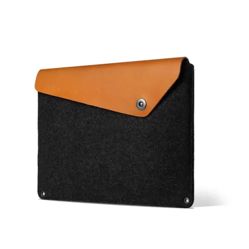 Mujjo Sleeve 12-inch protective MacBook case in black and tan with flap closure and snap fastener