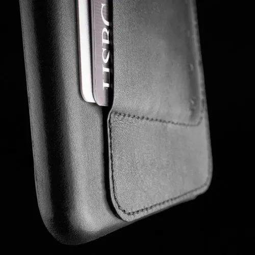 Mujjo leather wallet case for iPhone 6/6s Plus with card slot, shown in black with stitched edges.