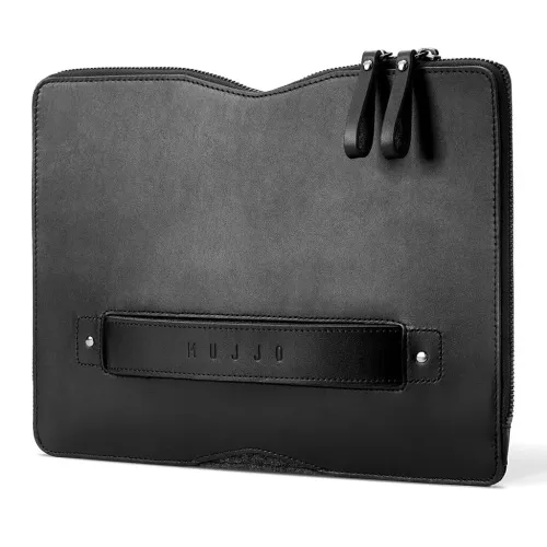Mujjo black laptop folio sleeve with carry handle, zip closure and embossed logo on the front strap