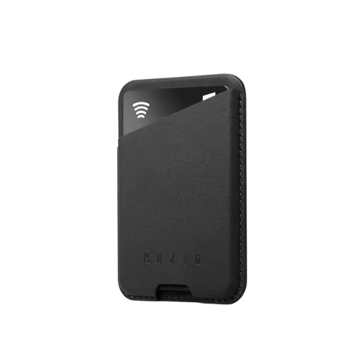 Mujjo MagSafe leather card wallet in black, front view with embossed logo and card partially inserted