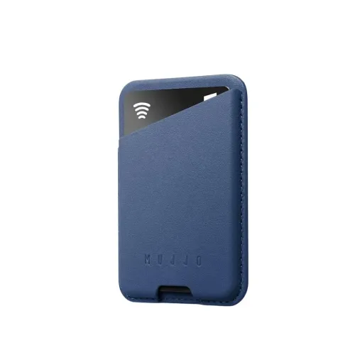 Mujjo MagSafe leather card wallet in Monaco Blue with embossed logo and a card partially inserted