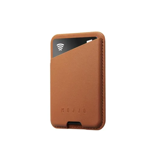 Mujjo MagSafe leather card wallet in tan, front view with one card visible for iPhone MagSafe attachment
