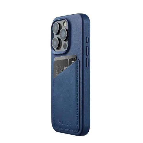 Mujjo Monaco Blue iPhone 15 Pro leather wallet case with card pocket, raised camera bump and button covers