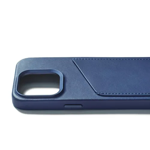 Mujjo iPhone 15 Pro wallet leather case in Monaco Blue, with rear card pocket and camera cutout