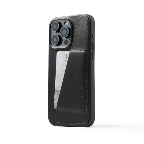Coque portefeuille en cuir noir Mujjo pour iPhone 15 Pro Max, avec compartiment pour cartes compatible MagSafe et bords cousus