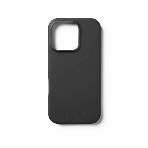 Mujjo black leather case for iPhone 16 Pro with camera cutout and embossed logo, MagSafe compatible