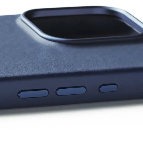 Mujjo Leather Case for iPhone 16 Pro in Monaco Blue, close-up with camera cutout and button covers