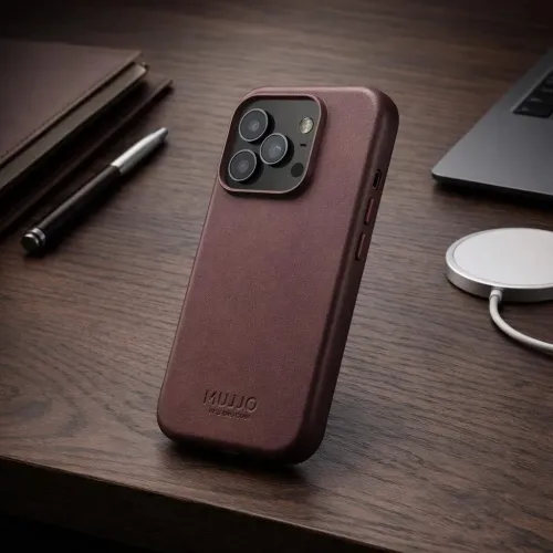 Mujjo Nahkakotelo iPhone 17 Pro:lle - MagSafe-yhteensopiva reagoivat koneistetut painikkeet - Pronssi punainen