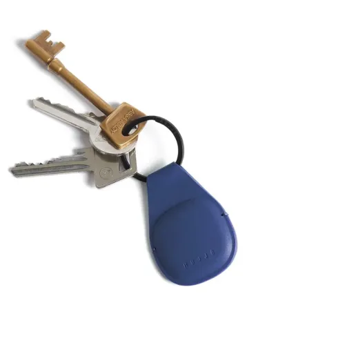 Mujjo Canopy Keychain AirTag holder in Monaco Blue with magnetic closure and black key ring