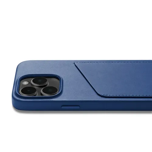 Coque portefeuille en cuir Mujjo pour iPhone 14 Pro en bleu, avec poche arrière pour carte et découpe pour l’appareil photo