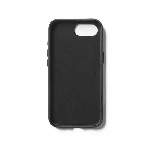 Mujjo black leather case for iPhone 16e with camera cutout, button covers and embossed logo