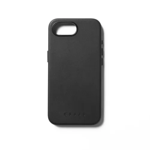 Mujjo black leather iPhone 16e case with camera cutout, side button openings and embossed logo