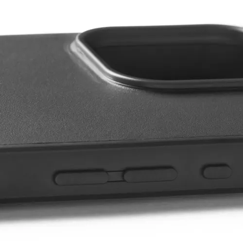 Mujjo Shield Case för iPhone 16 Pro i svart, med utskärning för bakre kamera, knappskydd och texturerad finish.