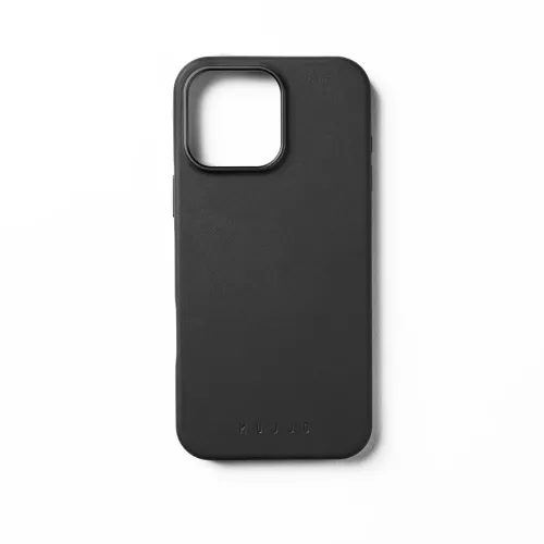 Mujjo nahast ümbris iPhone 16 Pro Max'ile mustas värvitoonis, kõrgendatud metallrõngaga kaamerapesa ümber, ümardatud servad, reljeefne logo.