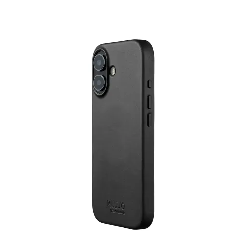 Black leather iPhone case with raised camera ring, two lens cutouts, three side buttons and embossed Mujjo logo on the back.