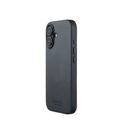 Mujjo Leather case for iPhone 17, basalt: back view with raised camera ring around two lenses and flash, side buttons, embossed logo.