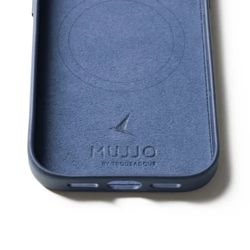Mujjo Monaco Blue leather case for iPhone 17 Pro with embossed logo, MagSafe outline and stitched edges
