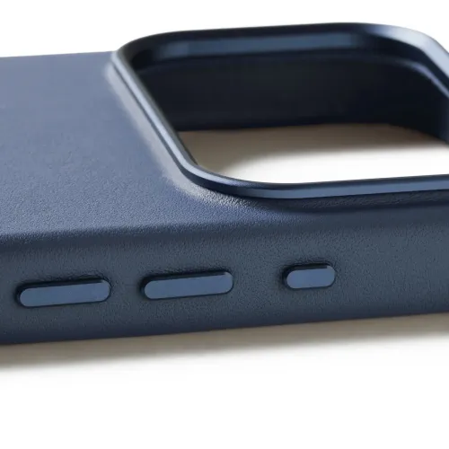 Mujjo Leather Case for iPhone 17 Pro in Monaco Blue, with textured leather finish, camera cutout and side button covers