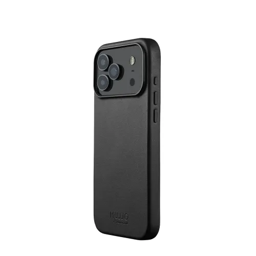 Black leather case for iPhone 17 Pro Max, viewed obliquely from the back, with raised camera frame, three lenses, flash and two side buttons.