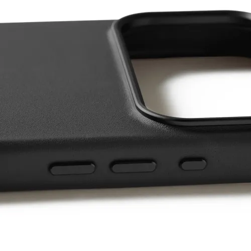 Mujjo leather case for iPhone 17 Pro Max in black, close-up of the side with three side buttons and large raised camera socket in the corner.