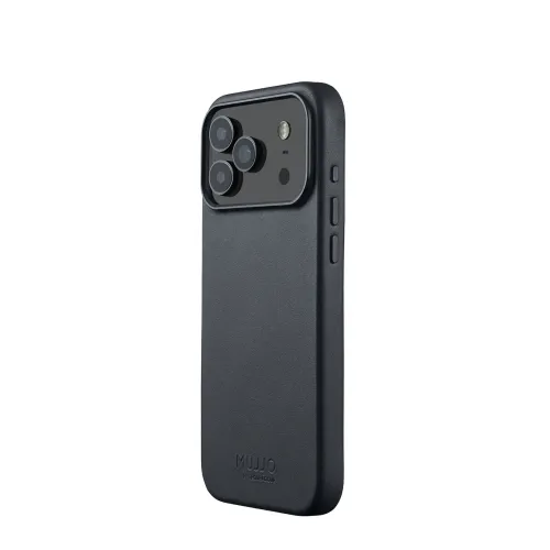 Mujjo leather case for iPhone 17 Pro Max in basalt visible from the back with raised camera module, three lenses, flash and two side buttons.