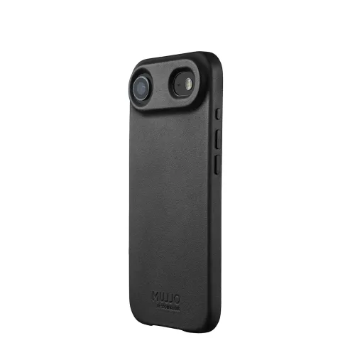 "Mujjo" juodas odinis "iPhone" dėklas, nugarėlė su iškilusiu kameros moduliu su dviem išpjovomis, šoniniais mygtukais ir įspaustu logotipu.