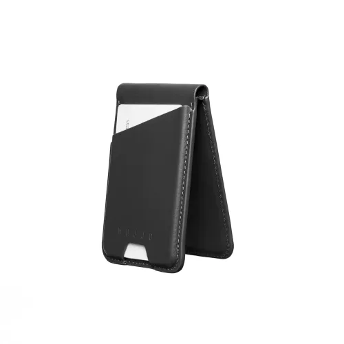 Black leather wallet stand from Mujjo in A-shape, folded on edge with visible outer pocket, cut-out and partially inserted card.