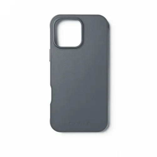 Coque Mujjo Shield pour iPhone 16 Pro Max en bleu acier, coque texturée aspect cuir avec grande découpe pour l’appareil photo