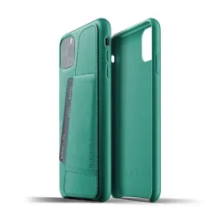 Mujjo Full Leather Wallet Case for iPhone 11 Pro Max in Alpine Green with card slot, premium leather, and sleek minimalist design
