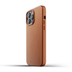 Mujjo Full Leather Case for iPhone 13 Pro Max in tan color, made from premium vegetable-tanned leather with screen and camera protection