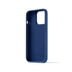 Mujjo Full Leather Wallet Case for iPhone 14 Pro in Monaco Blue featuring card pocket, Ecco leather, metal buttons, and camera lens protection